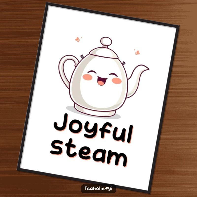 Funny tea kettle poster art of a giggling kettle whistling with immense joy, adding a cheerful artistic touch to any room.