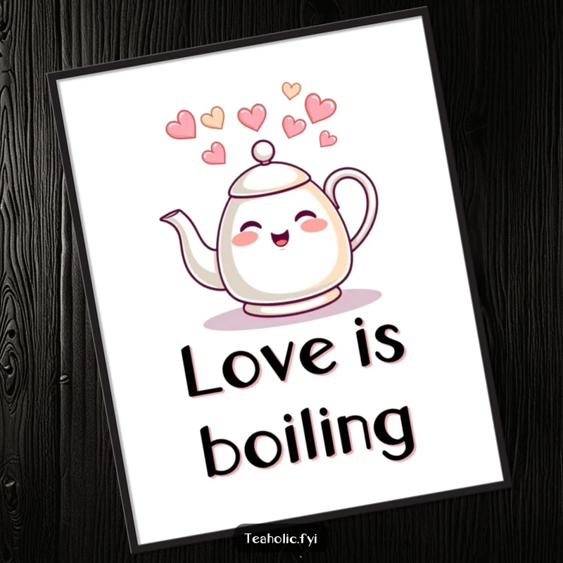 Funny tea kettle poster, giggling character creating heart-shaped steam, charming wall art, ideal funny gift.
