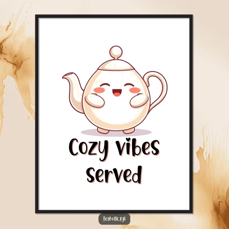 Funny poster featuring a friendly teapot character offering a hug, radiating warmth and cheerful, comforting energy.