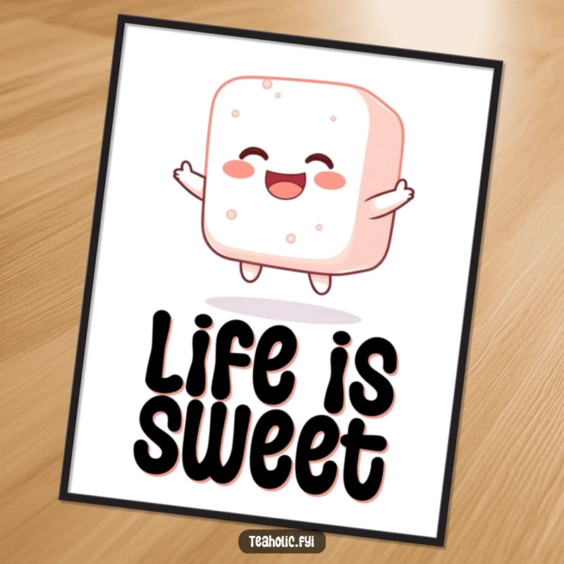 Funny poster showing a jolly sugar cube in mid-bounce, radiating infectious happiness and sweet, sugary energy.