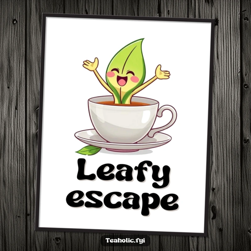 Funny tea leaf poster art of a joyful tea leaf character leaping energetically from a teacup, adding dynamic decor.