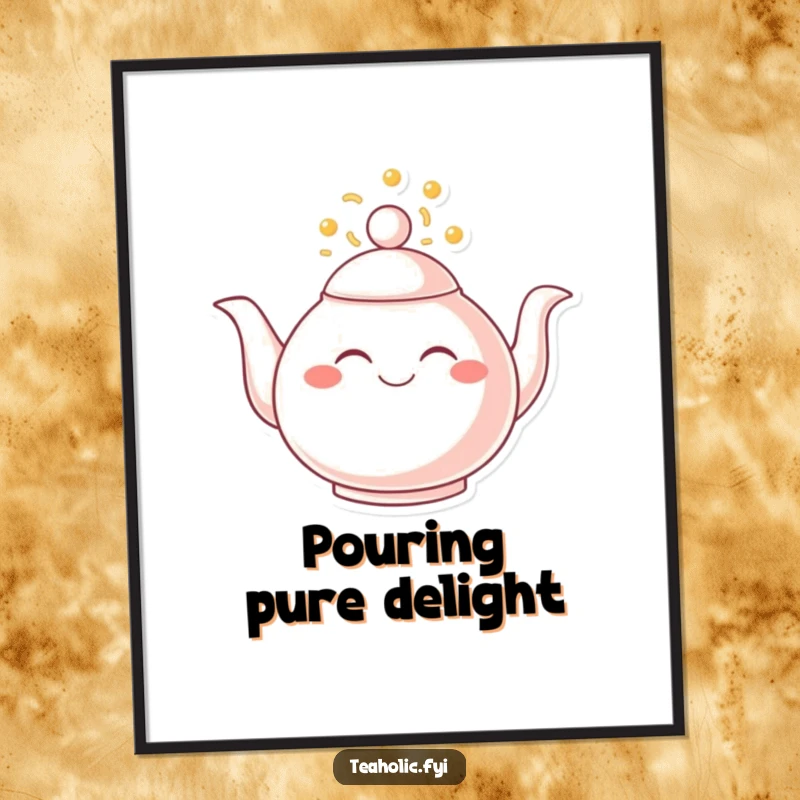 Funny poster showcasing a smiling teapot with its spout overflowing with cheerful bubbles and delightful happiness.