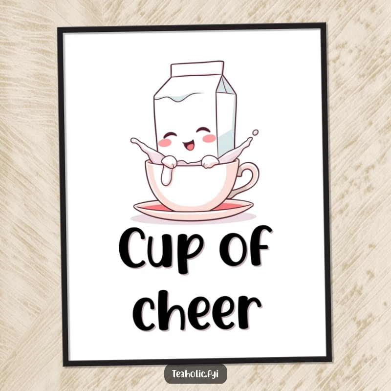 Funny poster of a winking milk carton character playfully splashing into a teacup, creating a dynamic and amusing scene.