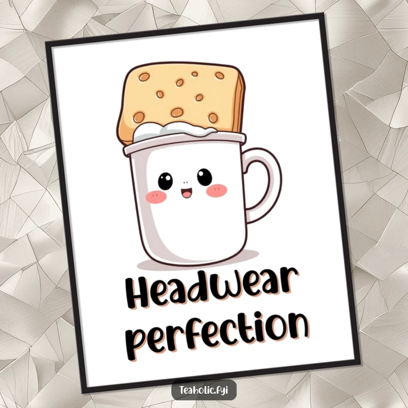 Funny poster print of a mug character humorously adorned with a biscuit hat, bringing a touch of playful art to any room.