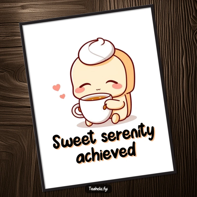 Funny Pastry Poster: A contented pastry character sips tea with eyes closed, adding peaceful sweetness to wall art.