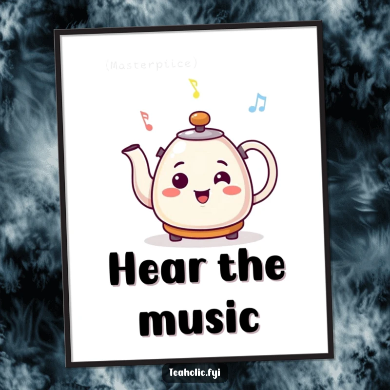 Funny poster featuring a smiling kettle character whistling a cheerful tune, creating a lively and joyful atmosphere.