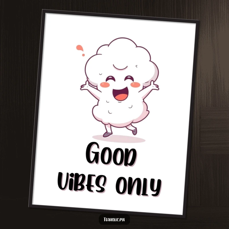 Funny steam cloud character performing an ecstatic happy dance, displayed on a vibrant poster, adding humor and personality to wall decor.