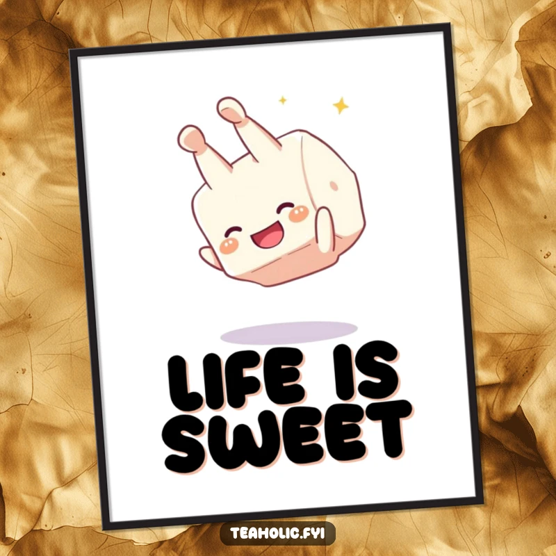 Funny sugar cube somersault poster, a giggling character performing a joyful flip, sweet and humorous wall art to brighten any room.