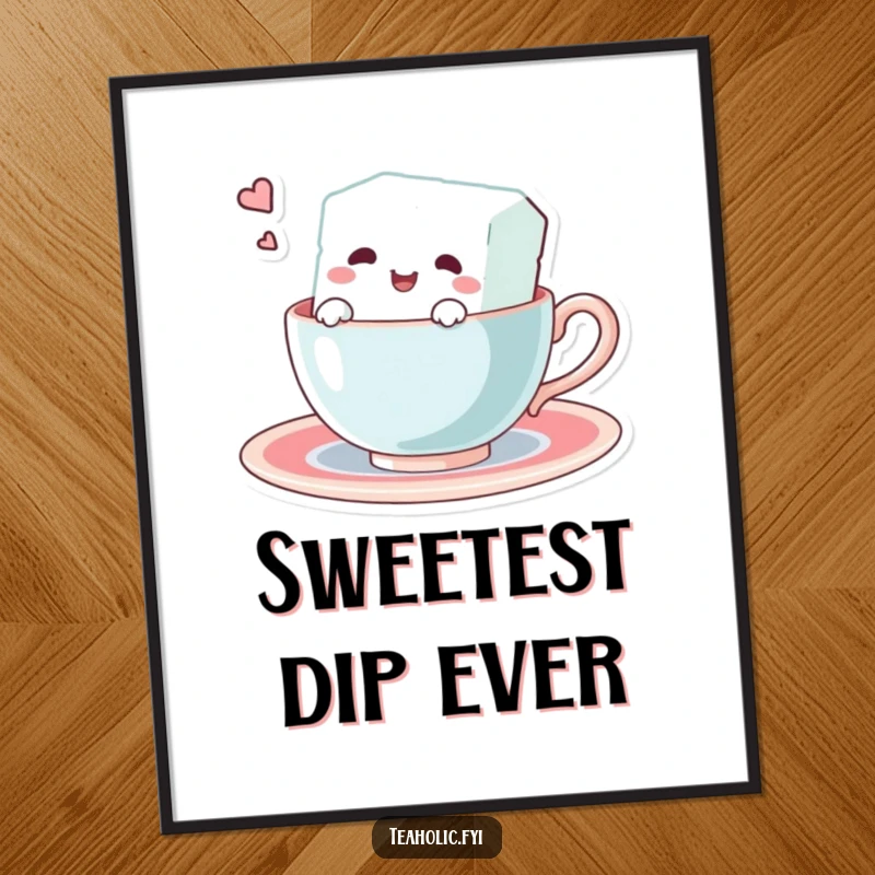 Funny poster illustrating a tiny, happy sugar cube character taking a refreshing swim in a teacup. Perfect humorous wall decor.