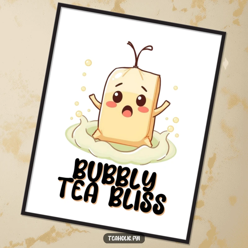 Funny surprised teabag character comically floating on a bubbly tea sea, presented as a whimsical, humorous poster.