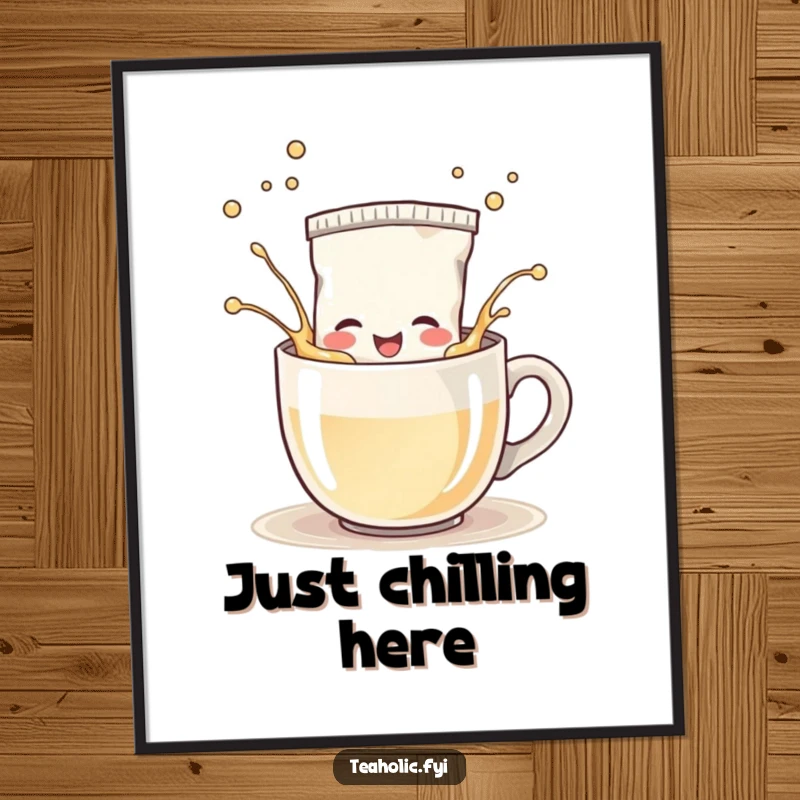 Funny Poster: Happy tea bag character splashing playfully in a steaming mug, a joyful piece of wall art.