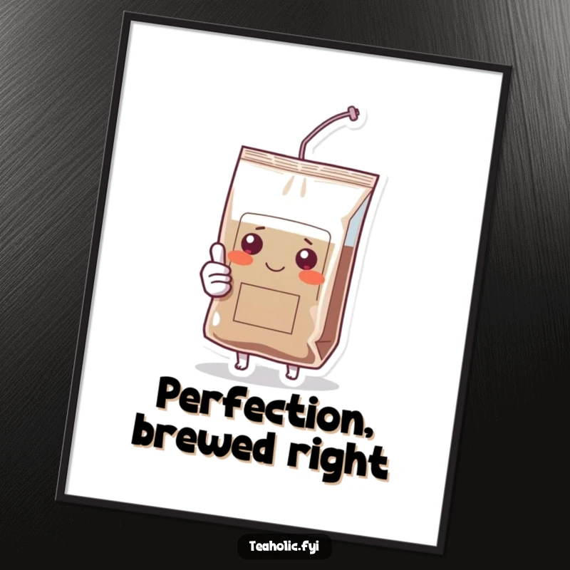 Funny poster featuring a cheerful tea bag character giving a prominent thumbs up, bringing a humorous vibe to any room.