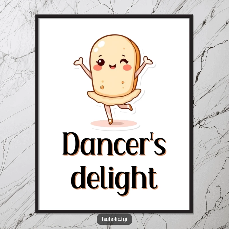 Funny poster art print of a tea biscuit in a graceful pirouette, bringing balletic charm and humor to your decor.