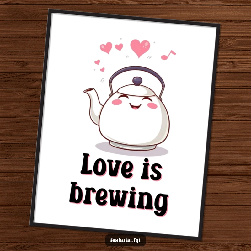 Funny grinning tea kettle whistling, steam forming a heart, wall art poster, bringing warmth and love to any decor.
