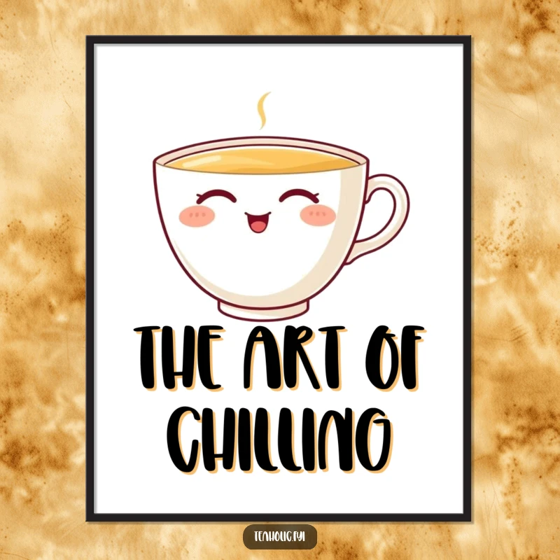 Funny teacup poster depicting a joyful character sipping tea blissfully, a humorous and funny gift for decor lovers.