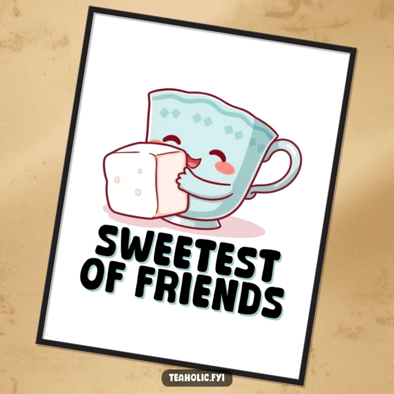 Funny teacup poster, character comically hugging sugar cube, sweet and humorous wall art, ideal funny gift.
