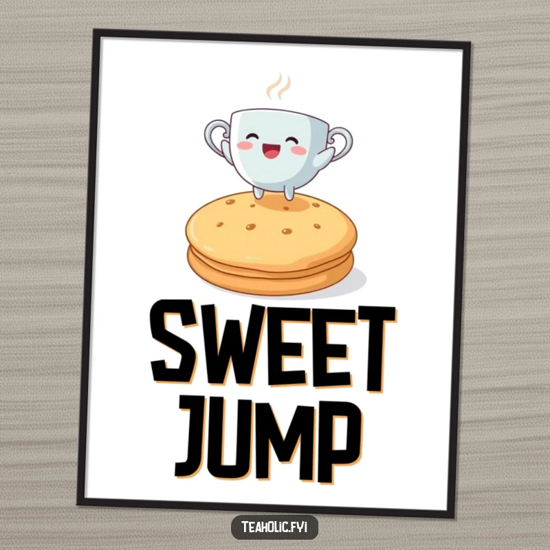 Funny steaming teacup character joyfully jumping over a huge biscuit, a humorous and whimsical art print.