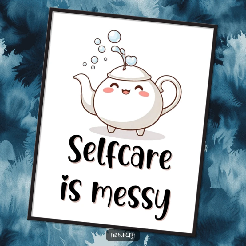 Funny Poster: A teapot character comically dousing itself with a stream of bubbles, perfect humorous wall decor and a funny gift.