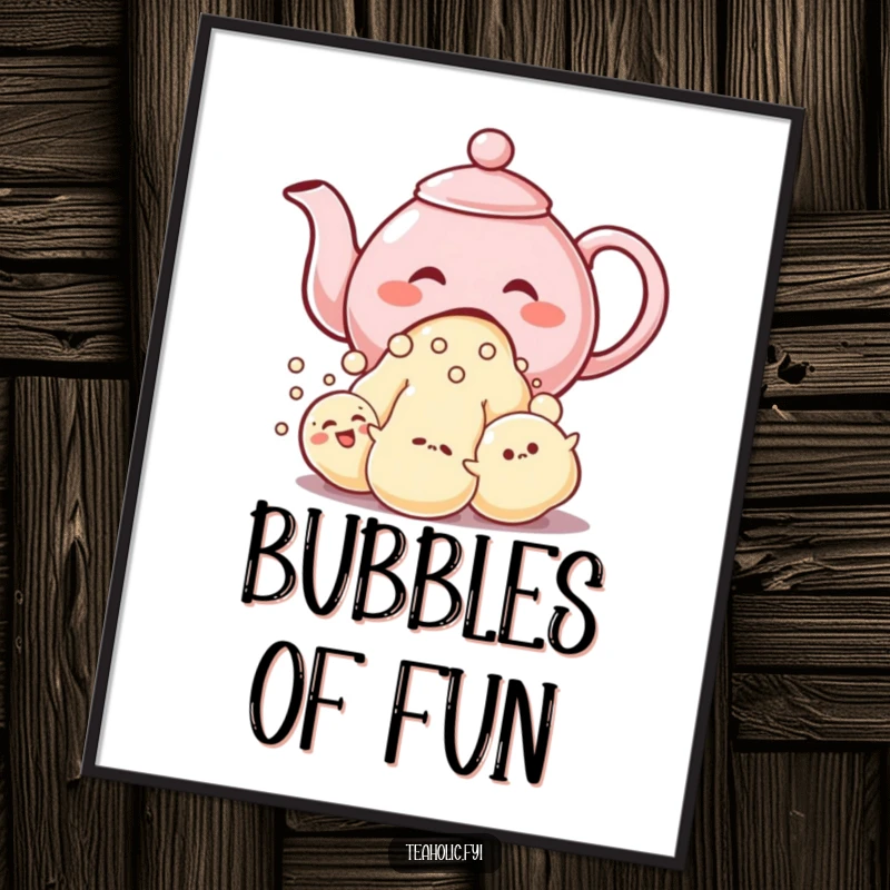 Funny poster of a giggling teapot character pouring a stream of colorful, bubble-like characters, radiating joy.