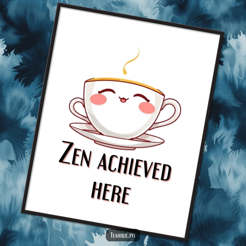 Funny thrilled teacup poster depicting a character in a state of ecstatic tea sipping with eyes closed, ideal for home decor.