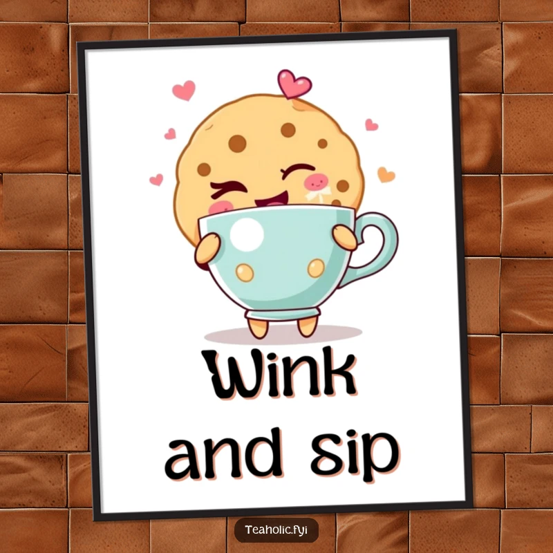 Funny cookie poster featuring a cute cookie character with a playful wink, holding a teacup that overflows with visible signs of joy.