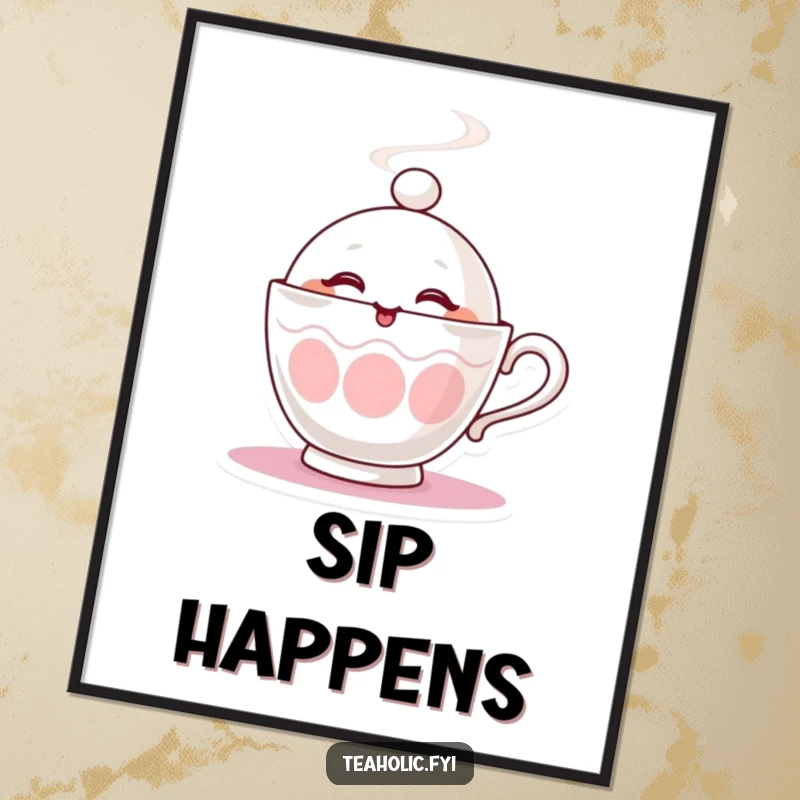 Funny poster of a steaming teacup character giving a playful wink, adding a touch of warm, whimsical charm.