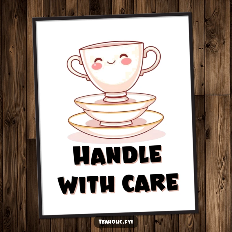 Funny Poster: Cheerful teacup character balancing on delicate saucers, whimsical wall decor and a fun gift.
