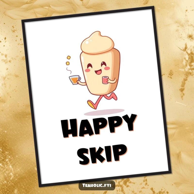 Funny pastry poster featuring a smiling pastry character in a joyful skip, happily holding a cup of tea with evident delight.