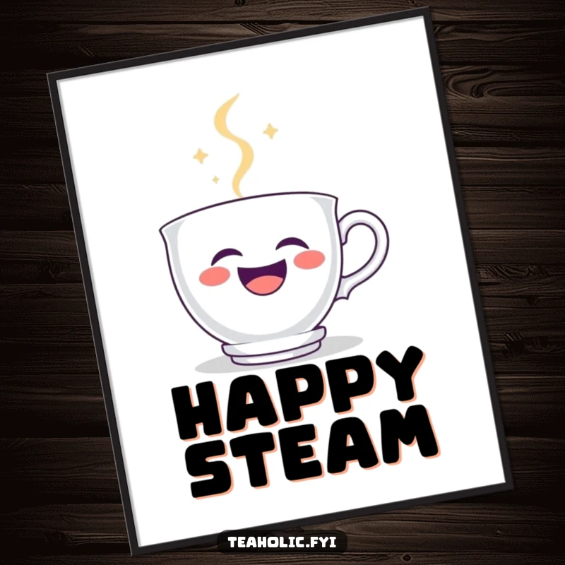 Funny teacup poster featuring a cheerful teacup character roaring with laughter, steam forming a happy smiley face above its rim.