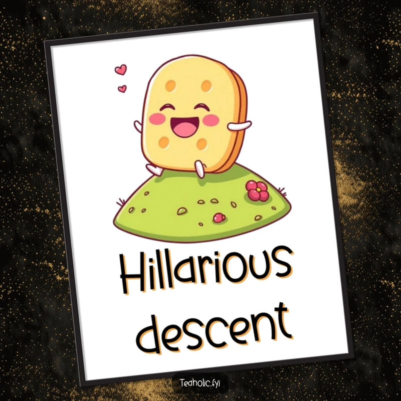 Funny Tea Biscuit Poster depicting a laughing tea biscuit character gleefully rolling down a grassy hill, full of joy.