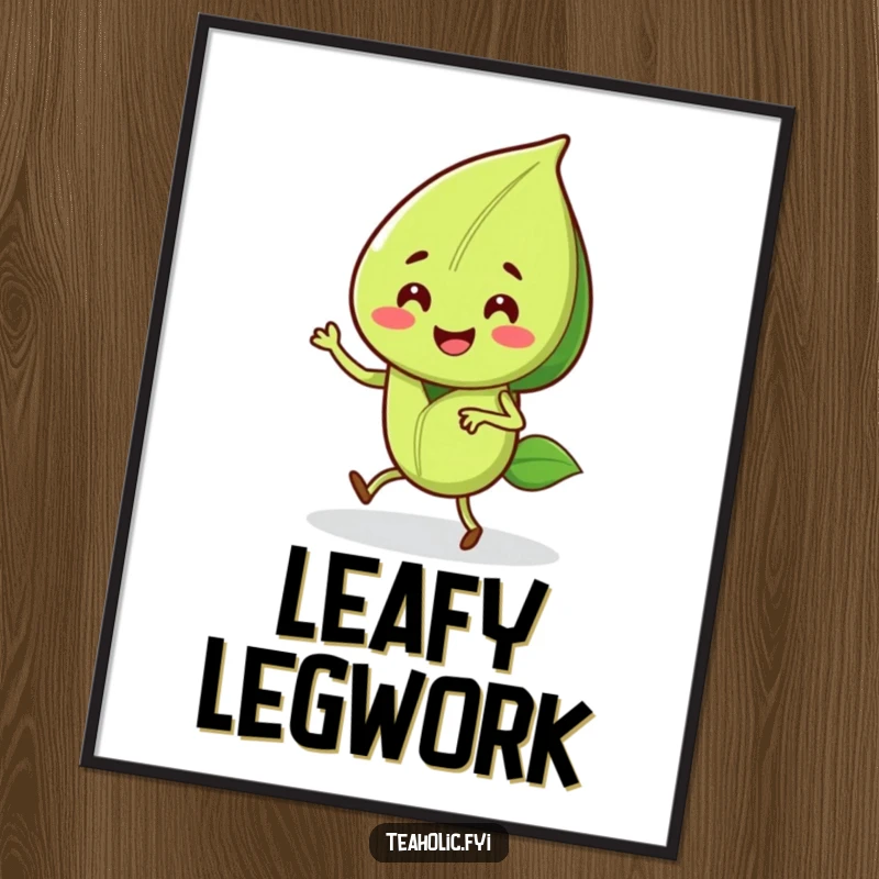 Funny poster art depicting a smiling tea leaf character energetically performing a happy jig, full of life and humor.