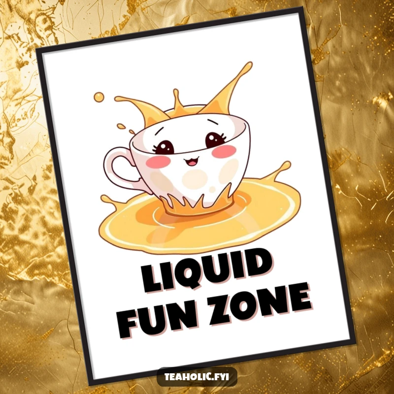 Funny poster of a teacup character playfully splashing in a puddle of tea, creating a whimsical and joyful display.