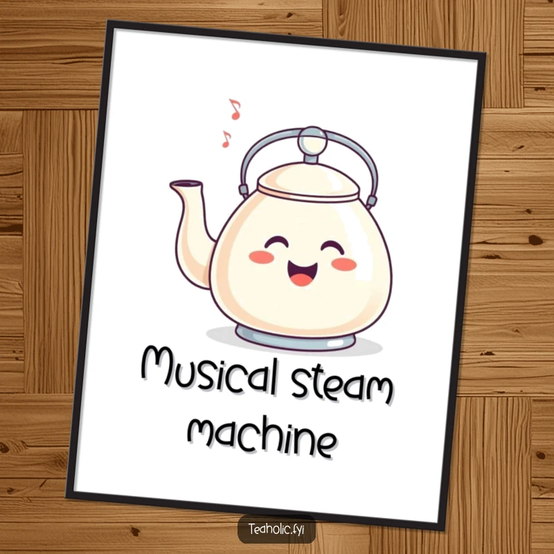 Funny poster of a smiling tea kettle whistling a happy tune, creating a cheerful and melodic wall display.