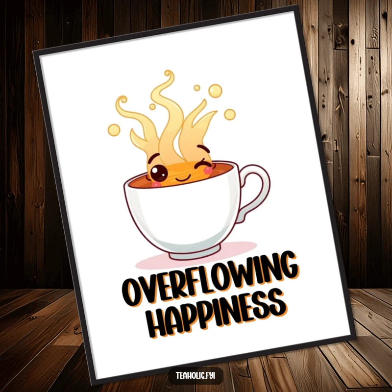 Funny poster of a happy tea cup character overflowing with steaming, cheerful tea, radiating warmth and happiness.
