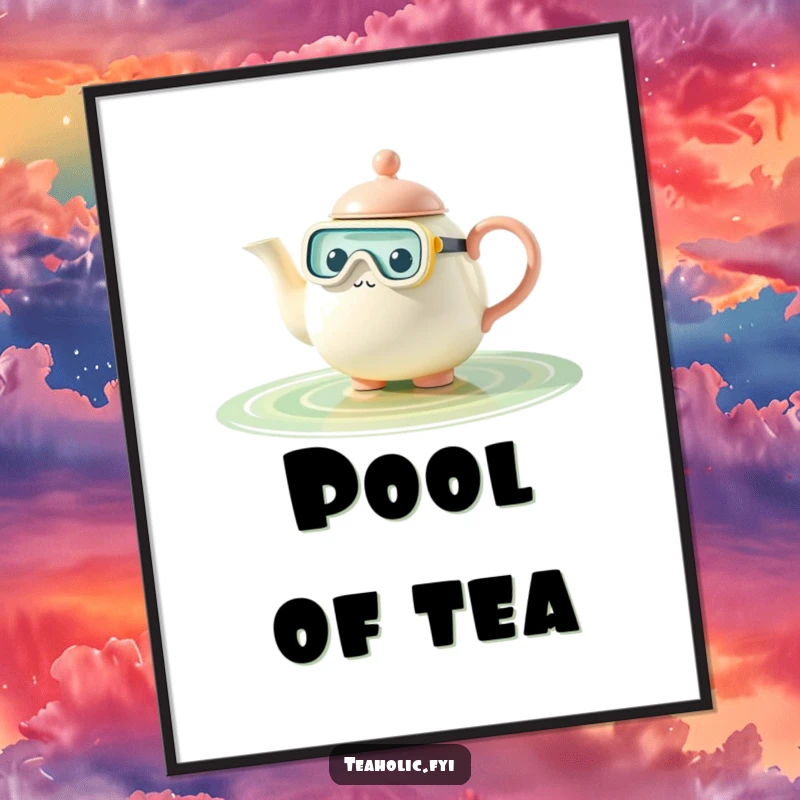 Funny teapot poster, character snorkeling in tea pool, humorous and artistic wall decor, ideal funny gift.