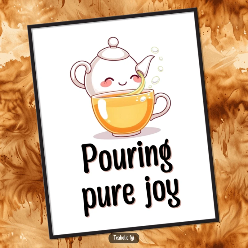 Funny art poster displaying a giggling teapot character pouring tea bubbles, adding a whimsical and humorous touch to any room.