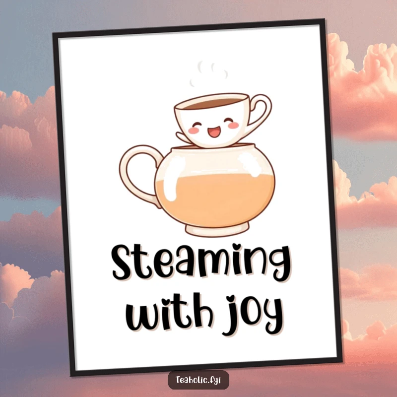 Funny art poster depicting a cheerful teacup character leaping into a steaming teapot, adding a playful and humorous art piece.