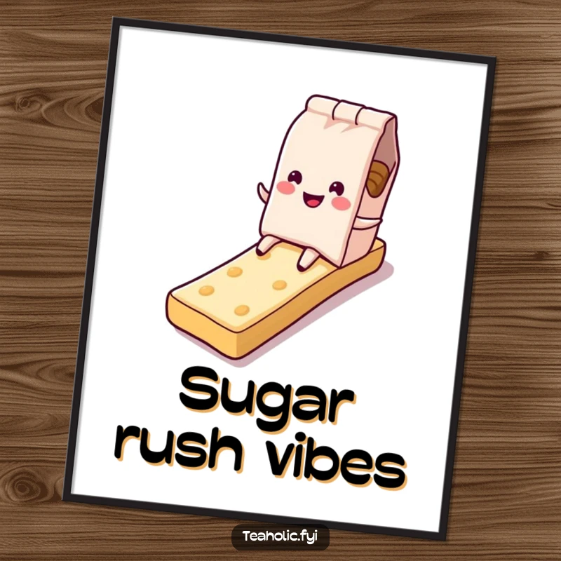Funny tea bag poster, character sliding down sugary biscuit slide, sweet and humorous wall art, ideal funny gift.