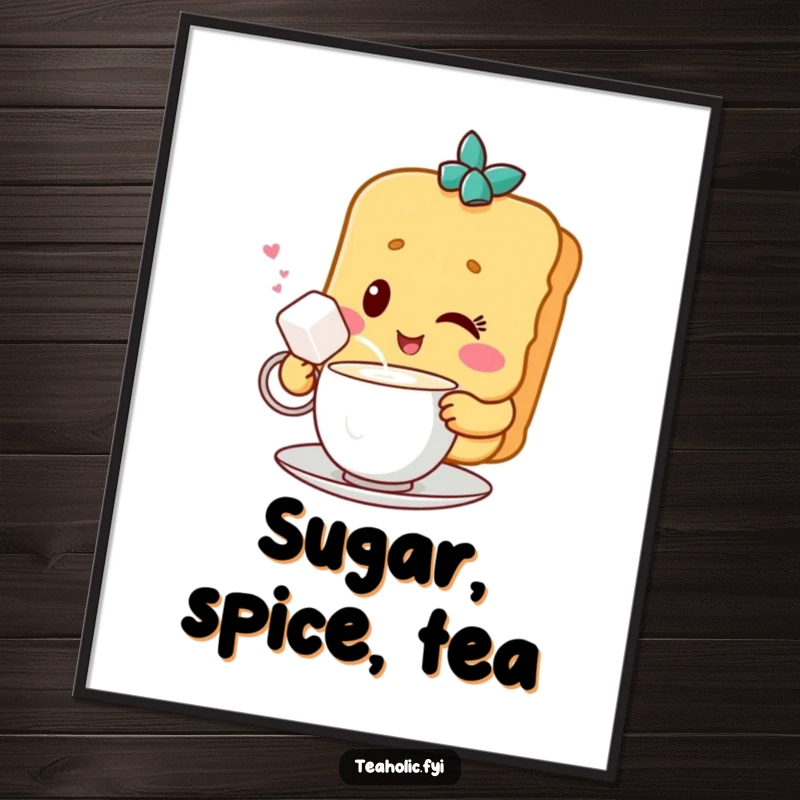 Funny art poster of a winking biscuit character sharing tea with a sugar cube, adding a sweet and humorous touch to any room.