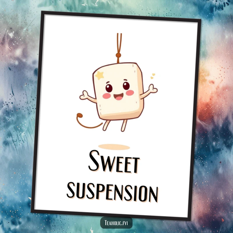 Funny poster showing a jovial sugar cube character joyfully bouncing on a tea bag string, adding sweet vibes.