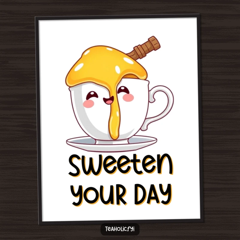 Funny poster art of a happy honey pot character comically dripping onto a teacup handle, a sweet and humorous wall decoration.