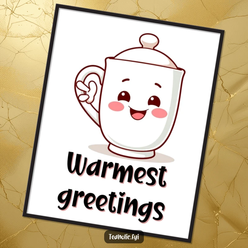 Funny poster featuring a smiling mug character waving with its handle, a welcoming funny gift.