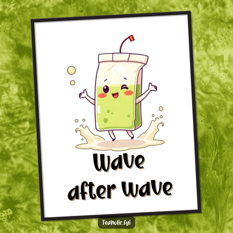 Funny art poster of a delighted tea bag character dancing amidst frothing tea waves, adding a lively and humorous touch.