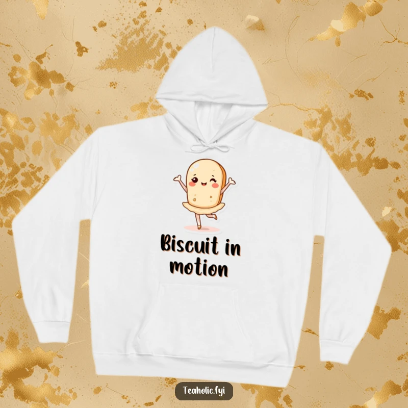 Funny hoodie design of a cheerful tea biscuit performing a ballet pirouette in a whimsical, energetic pose.