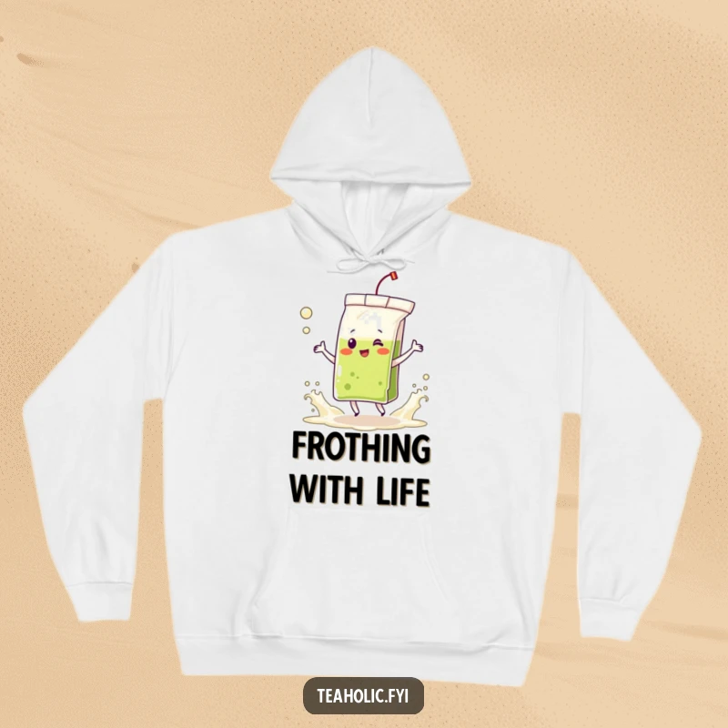 Funny hoodie featuring a delighted tea bag character dancing in frothing tea waves, offering warmth and a sense of playful energy.