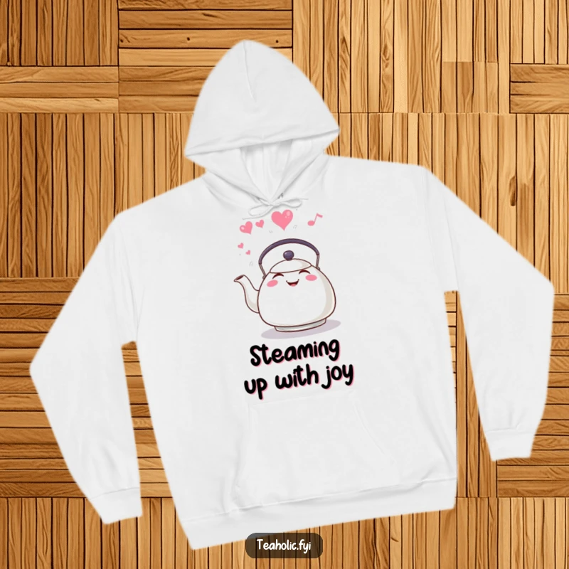 Funny tea kettle character whistling with heart-shaped steam, cozy hoodie design, perfect for staying warm and cheerful.