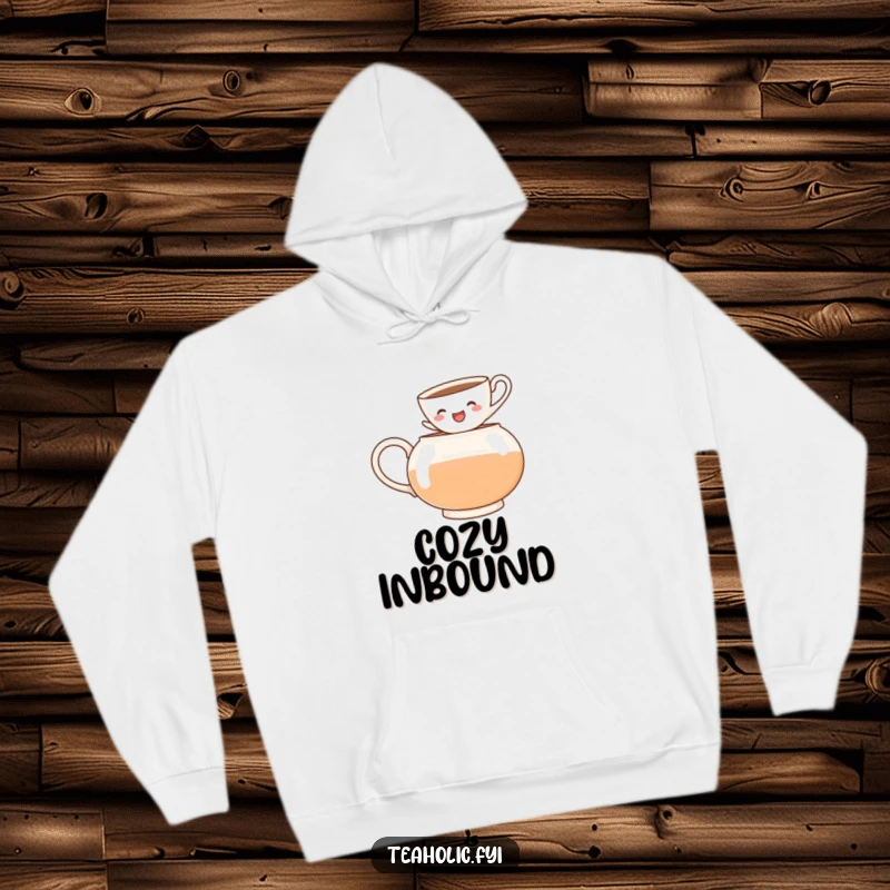 Funny hoodie showcasing a cheerful teacup jumping into a teapot, combining warmth with a delightful humorous scene.
