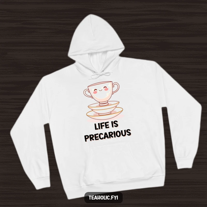 Funny Hoodie: Cheerful teacup character balancing on delicate saucers, cozy and full of whimsical charm.