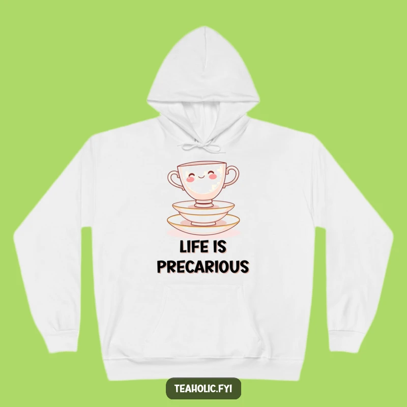 Cozy Funny Teacup Saucer Balance Hoodie: Warmth & Whimsy