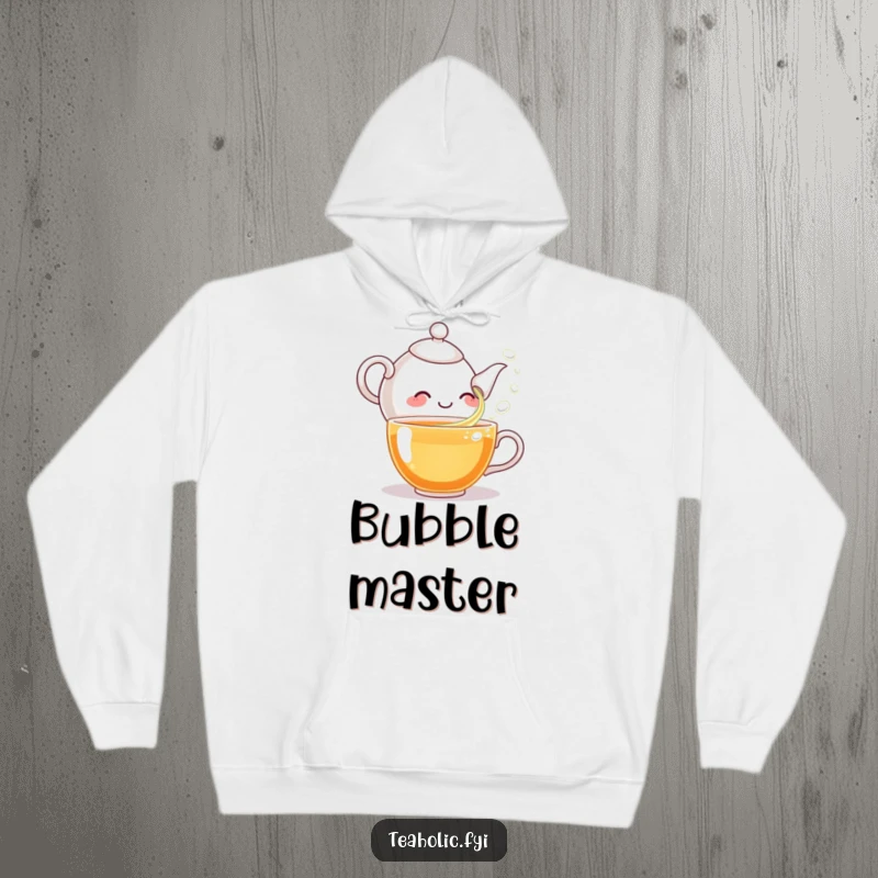 Funny hoodie with a happy teapot character pouring bubbles into a teacup, offering warmth and a smile for screen readers.